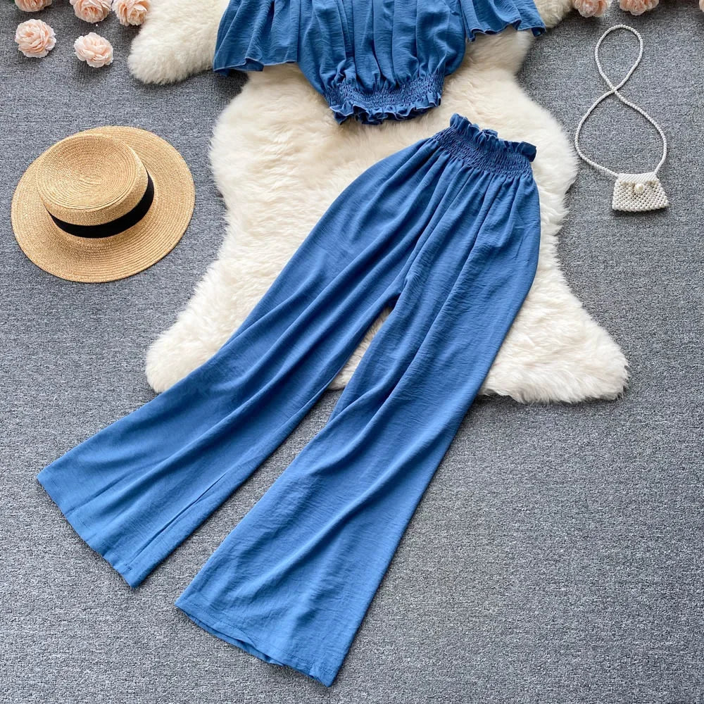 2024 Summer Green/Black/Red Two Piece Set Women Sexy Slash Neck Short Tops + High Waist Wide Leg Pants Female Suit New