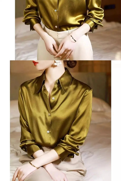 High Quality Silkly Satin Women's Shirt Office Ladies Long Sleeve Blouses Polo Neck Gold shirt Button Luxury Casual women tops.