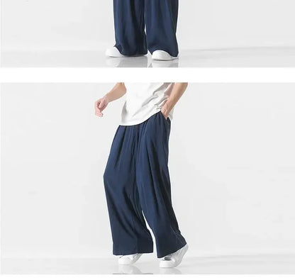 Hanfu Spirit Draped Linen Pants For Men Straight-leg Casual Trousers Chinese Style Loose-fit Ancient Wide-leg Song Trousers.