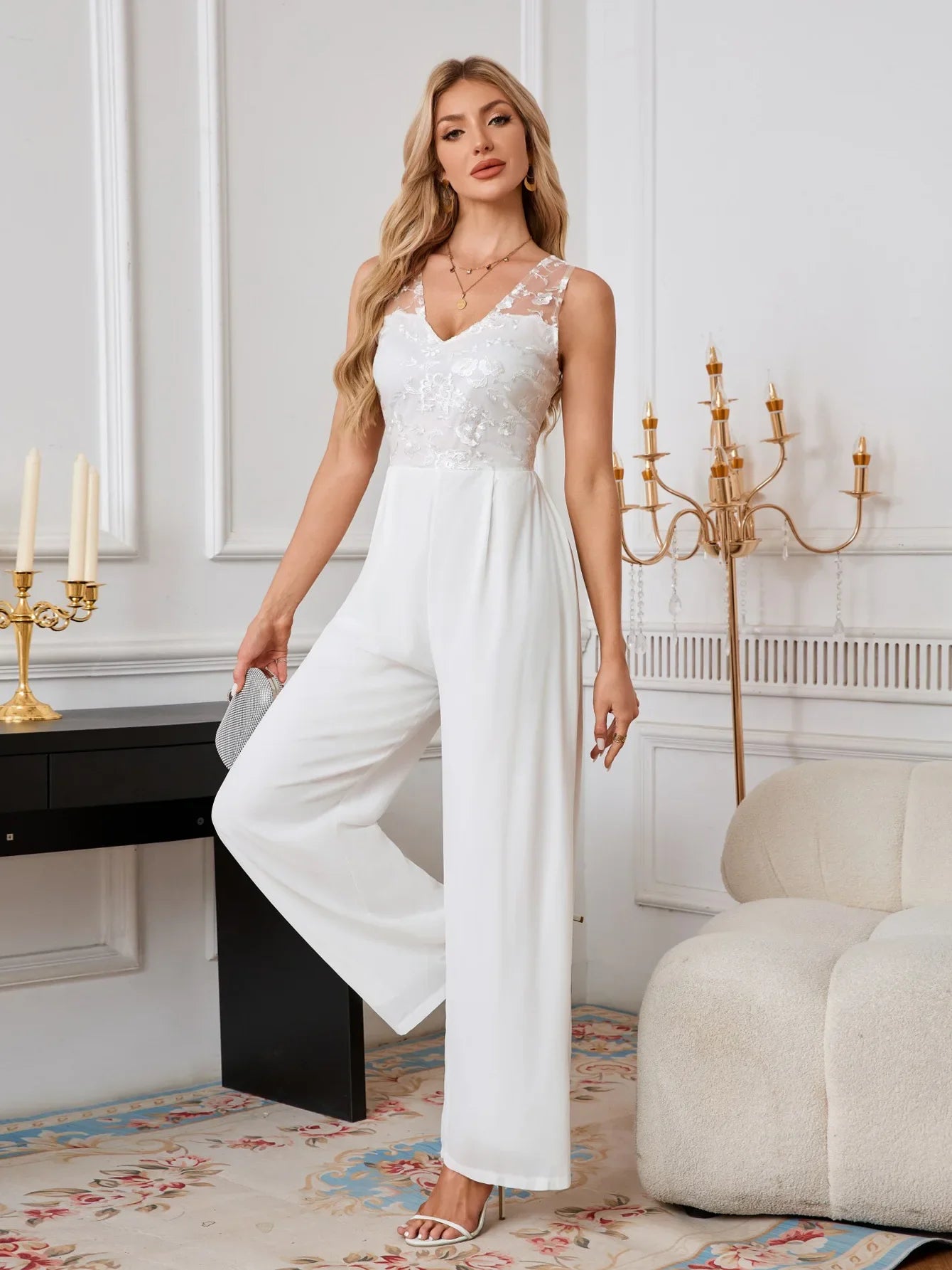 Sexy V-neck White Chiffon Lace Romper Wide Leg Wedding Party Banquet Women's Cross-border Clothing Lace Long Pants.