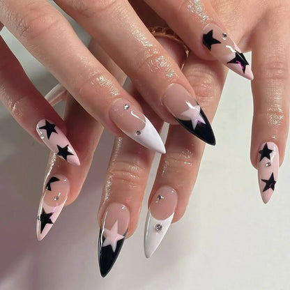 Short Square Fake Nails Y2K Style Nails Press on White/Black French Tips Star Diamond Designs False Nails for y2k Girls 24Pcs.