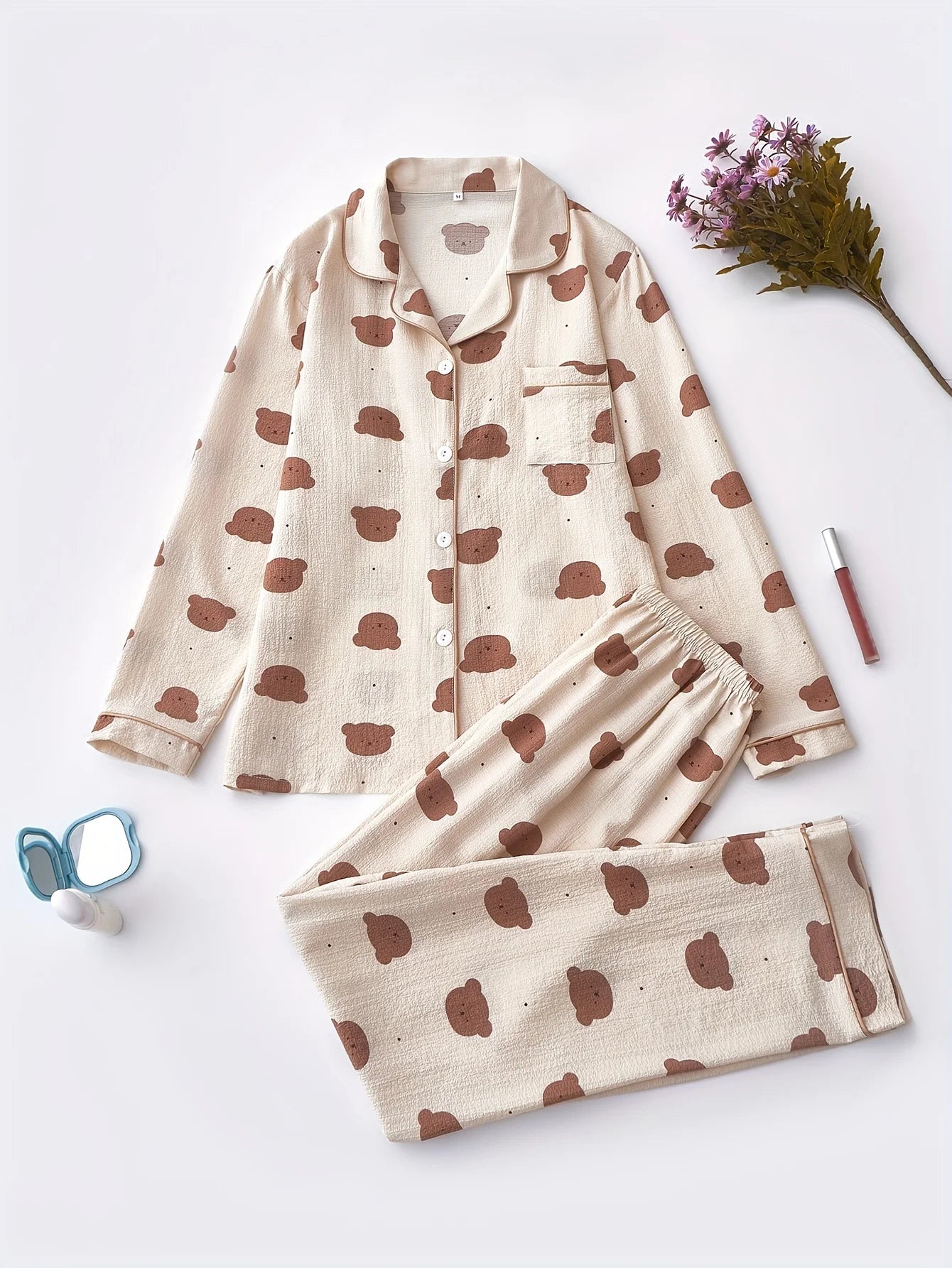 Cozy Bear Print Pajama Set for Women - Long Sleeve, Button-Up Lapel Top & Elastic Waist Pants, Machine Washable, for Autumn.