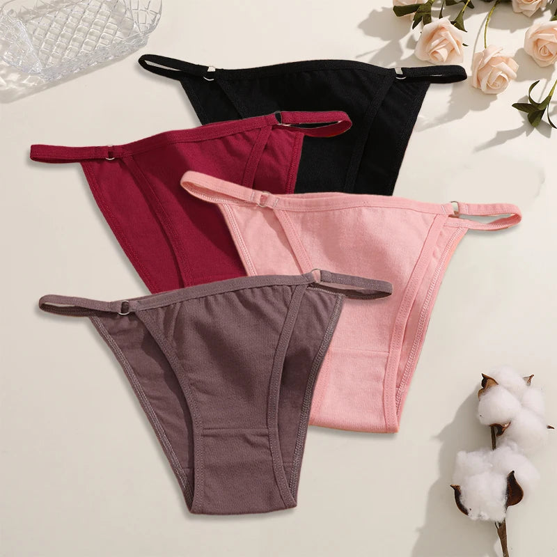 FINETOO 4Pcs Women's Cotton Panties Sexy Metal Ring Waist Underwear Solid Breathable Panties Ladies Soft Briefs Comfort Lingerie.