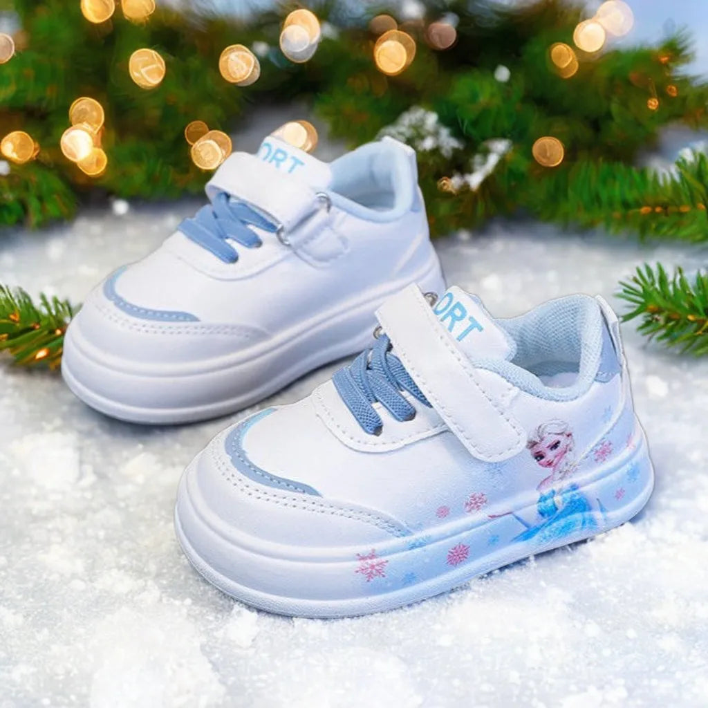 Disney Girl's Fashion Thick Sole Sports Shoes Spring Children's Frozen Princess Elsa PU Leather Running Sneakers Size 18-29.
