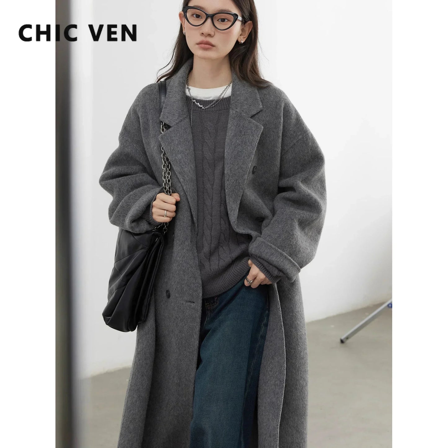 CHIC VEN Frauen Woolen Mantel Zweireiher Grundlegende Lose Beiläufige Retro Neue Lange doppelseitige Weibliche Mantel Herbst Winter 2024.