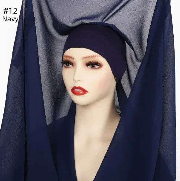 Chiffon Instant Hijab With Bulit-in Magnets Muslim Woman Hijab Solid Color Easy To Wear Shawl Wrap With Undercap Famme Headscarf.