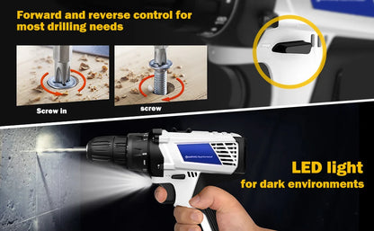16,8-V-Akku-Bohrschrauber-Set, 2-in-1-Mini-Elektroschrauber-Werkzeuge + LED-Arbeitsleuchte, hohes Drehmoment, 45 Nm