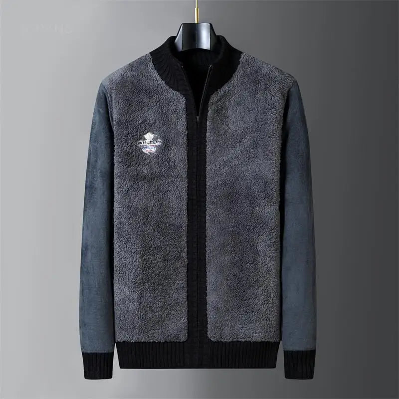 Winter Wool Liner Sweater  Cardigan Man Knit Striped Stand Collar Jacket Outwear Knitted Sweatercoat Men Vintage Clothing.