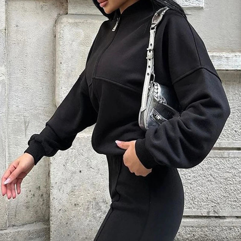 BKLD 2025 Casual Women's Tracksuit Sets Zip-up Loose Cropped Cardigan+Drawstring Sweatpants Solid Fashion Running Street Outfits