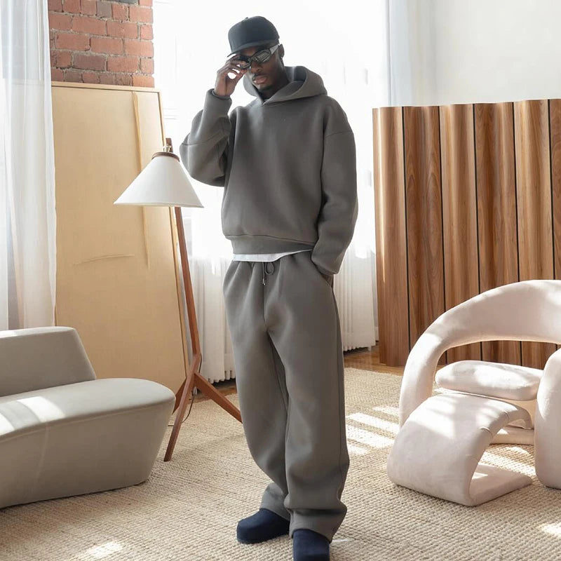 Men Cotton Vintage Tracksuit 2pcs Set Hoodies Straight Pants Casual Loose Hip Hop Sports Hooded Pullover Trousers Y2k Streetwear