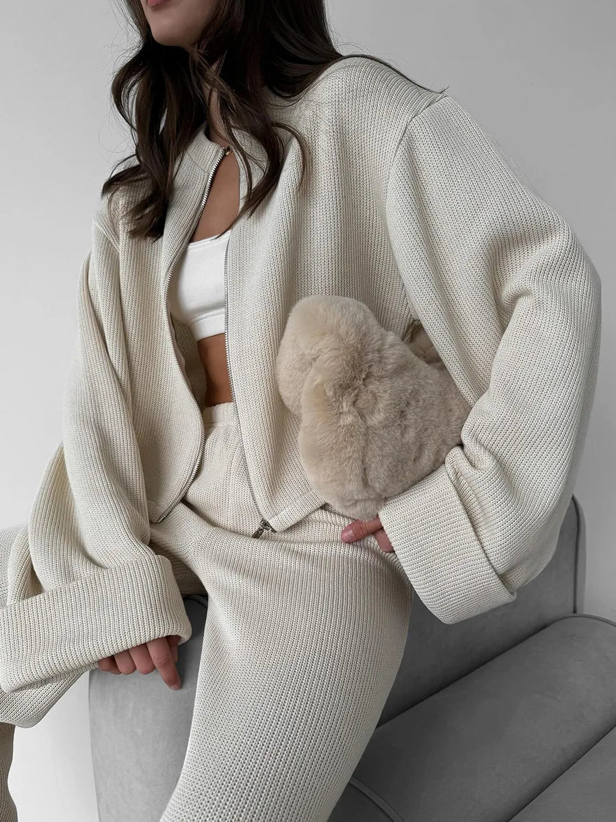 Knit Women 2 Piece Outfit Round Neck Zipper Loose Cuffs Cropped Coat For Lady Sporty Elatic Waist Autumn Female Wide Leg Pants