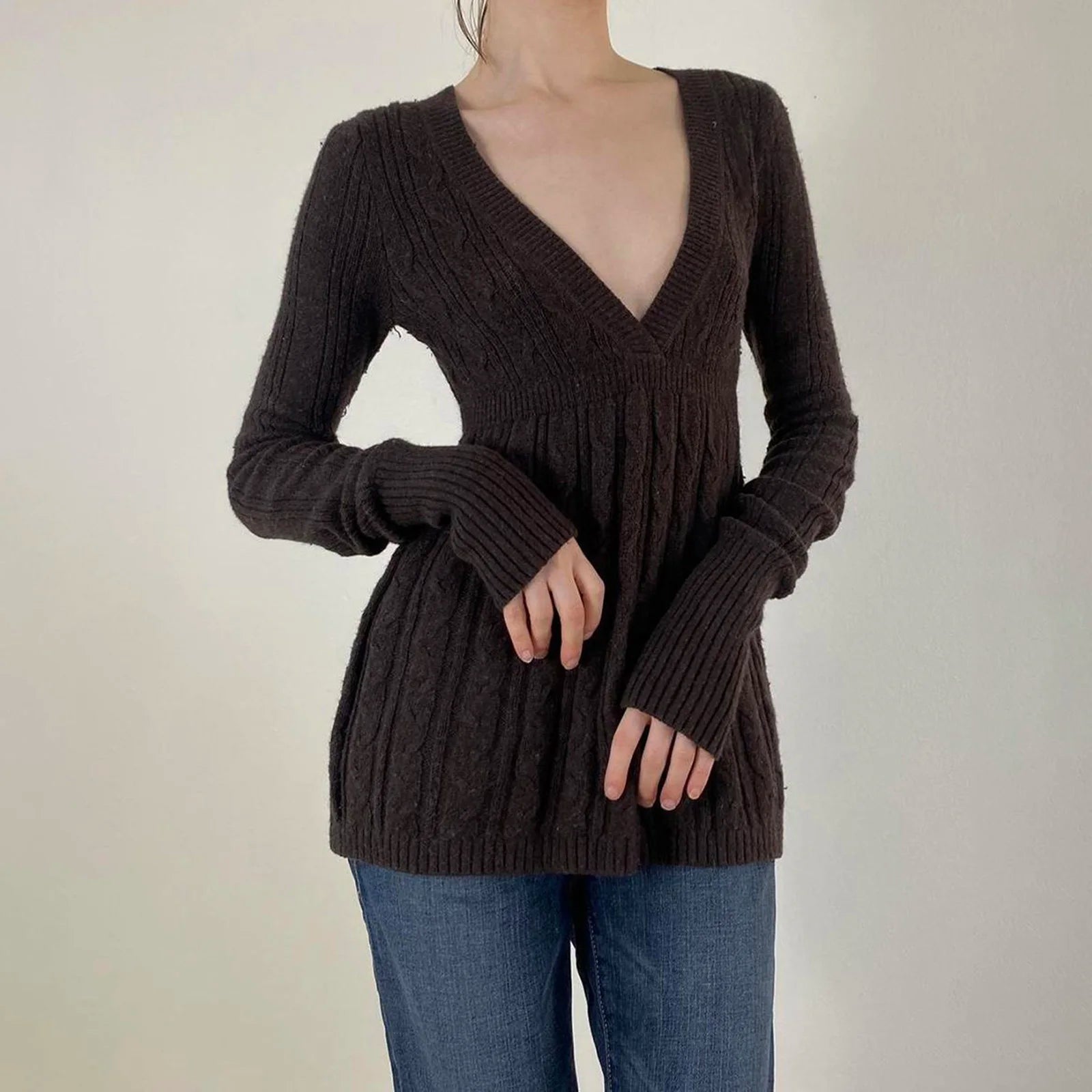 Y2K Zopfmuster-Pullover für Damen, weicher Pullover mit V-Ausschnitt, Tunika, solider A-Linien-Saum, langer Pullover, dehnbar, lässig für Herbst und Winter.