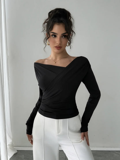 2025 Autumn Winter 2025 Solid-color Fashion Tops for Women Long Sleeve Blouses One-shoulder Collar Slimming Shirts Office Lady.