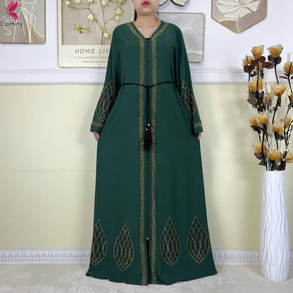 New Dubai Women Elegant Dress Diamonds Chiffon Open Abaya with Zipper Islamic Turkey Clothing Women Muslim Party Evening Dress.