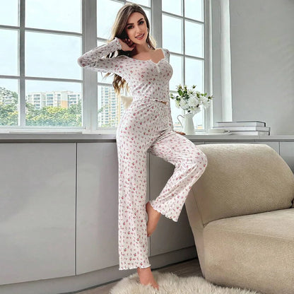 Nachtwäsche Frauen Floral Print Salat Trim Top mit Lange Hose Schöne Loungewear Volle Hülse Nachtwäsche Frühling Herbst Pyjamas Set.