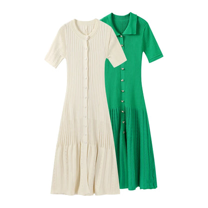 Frauen solide plissierte Saum Patchwork langes Kleid elegante Rundhals ausschnitt kurze Ärmel einreihige Dame Roben 2024 Sommer Streetwear.