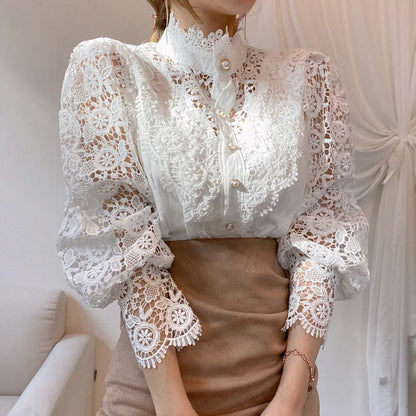 Fashion Long Sleeve Women Blouse Hollow Out Lace Blouse Shirt Tops Women Blusas Mujer De Moda 2024 Blouses Femme Women Shirts.