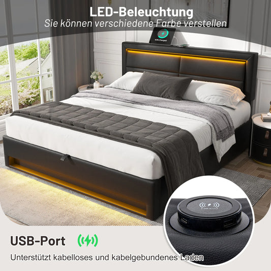 160x200cm Gepolstertes Doppelbett mit LED und USB, mit Lattenrost und Stauraum, PU-Funktionsbett