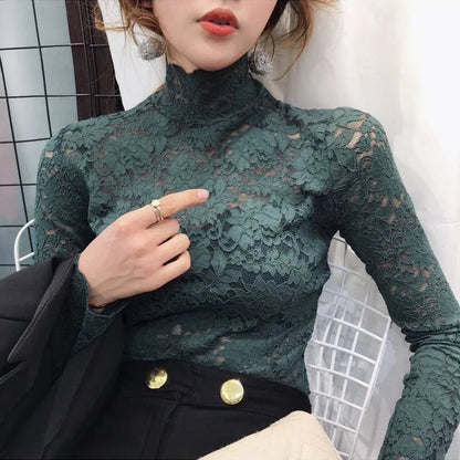 Stretch Floral Lace Petal Sleeve Shirt Women's Long Sleeved S-3XL T Shirt Ladies Perspective Blouse Tops Sexy Lace Tees Clothing.