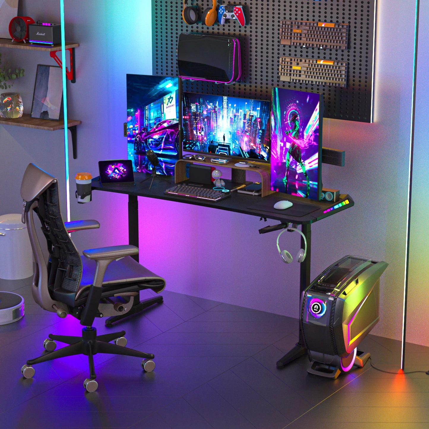 Höhen verstellbarer Gaming-Schreibtisch Stehpult, großer Gaming-Computer-Schreibtisch mit RGB-LED-Leuchten für Spiele und Home Office, schwarz