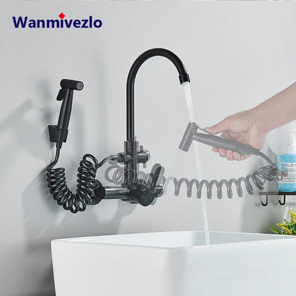 Kitchen Faucet With Spray Gun Wall Mounted Hot Cold Water Mixer Tap Rotatable Faucets Dual Water Mode No Dead corner Cleaning