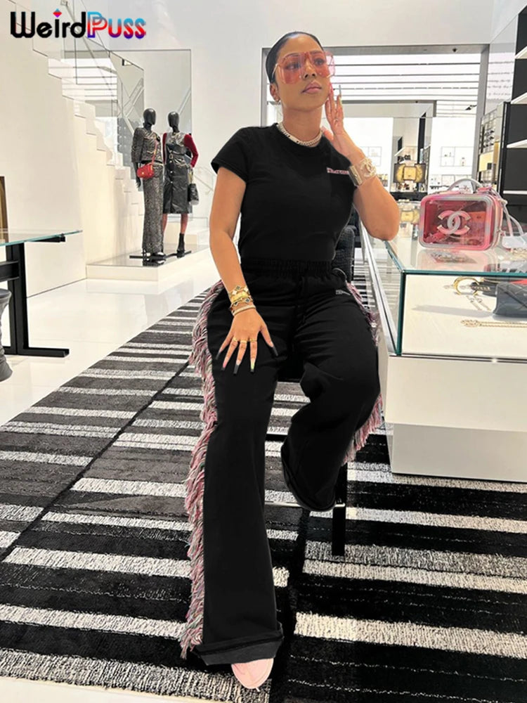 Weird Puss Casual Sporty 2 Piece Set Women Letter Embroidery Crop Tops+Side Tassel Straight Pants Matching Streetwear Tracksuits