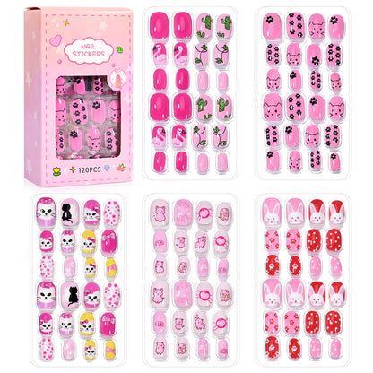 120pcs/box Pink Cartoon Children Press On Nails Candy Color Unicorn Cat Bunny Kids Full Cover False Nail Girls Party Nail Decora