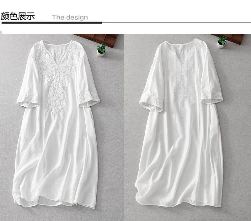 Neuankömmling 2024 Sommer Kunst Stil Frauen Kurzarm V-Ausschnitt lockeres Kleid Vintage Stickerei solide weiße A-Linie lange Kleider.