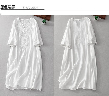 Neuankömmling 2024 Sommer Kunst Stil Frauen Kurzarm V-Ausschnitt lockeres Kleid Vintage Stickerei solide weiße A-Linie lange Kleider.