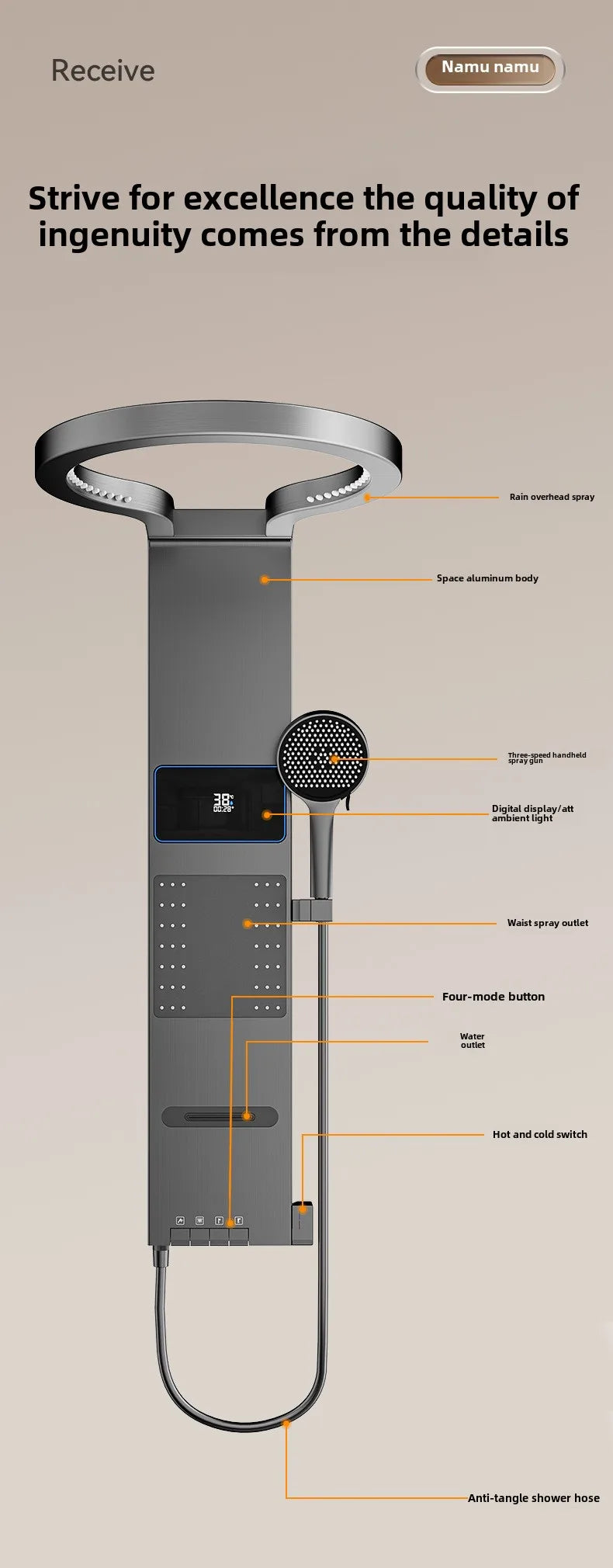 Multi Functional LED Shower Screen Wall Mounted Waterfall Shower Head Set Bathroom Digital Atmosphere Light Shower Set Screen
