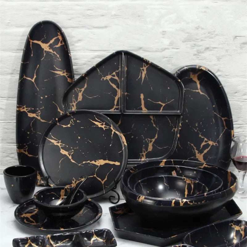 Marble Texture Imitation Melamine Plate BBQ Tableware Cake Fruits plates Snack Tray Outdoor Party Dishes Steak.