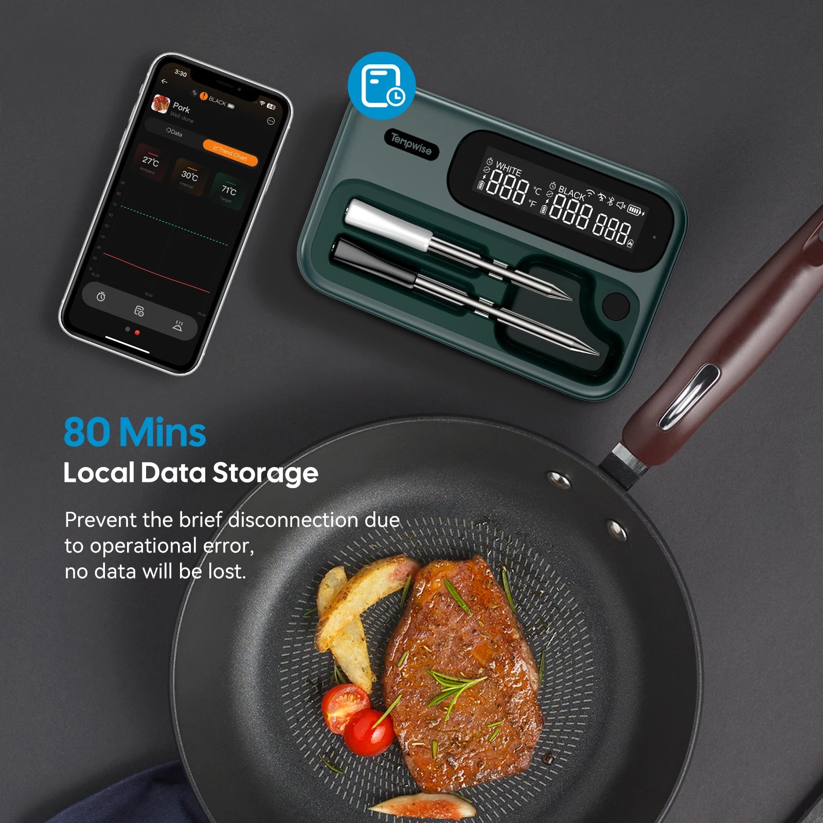 Smart Beef Meat Thermometer Wireless Bluetooth BBQ Thermometer with Long&Short Probes Precision Food Temp Gauge for Cooking.