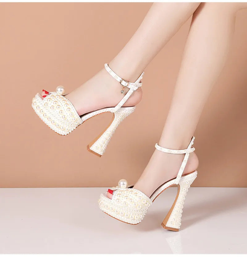 Summer Beaded Thick Heeled Women Gladiator Sandals Luxury Pearls Platform Wedges 14cm High heels Fashion Wedding Banquet Shoes.