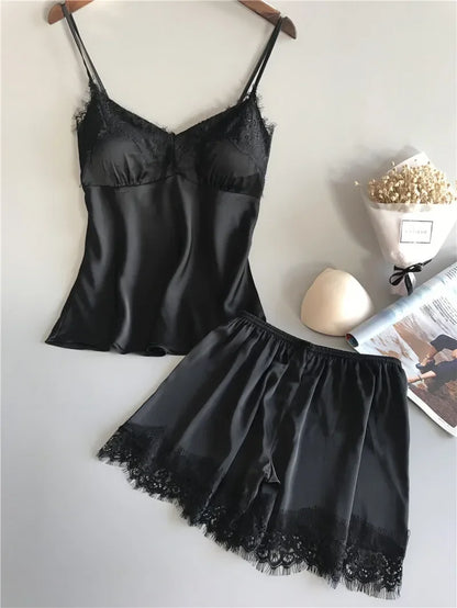 Sommer-Nachtwäsche für Damen, sexy Dessous, Spitze, Satin, Pyjama-Sets, Nachtwäsche, ärmellose Tops + Shorts, 2-teiliges Set, Pyjama-Sets.