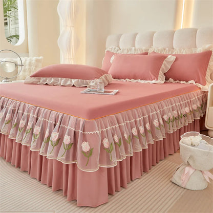 Floral Style Bed Skirt Embroidered Bed Cover Single/Queen/King Size Bed Linen Home Sheet with Skirt 침대스커트(Pillowcase Need Order).