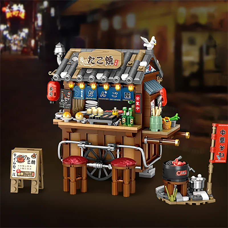 Street View Series Building blocks Izakaya Shaved Ice Shop Takoyaki Shop Coffee shop Panda Tea House model children's gift.