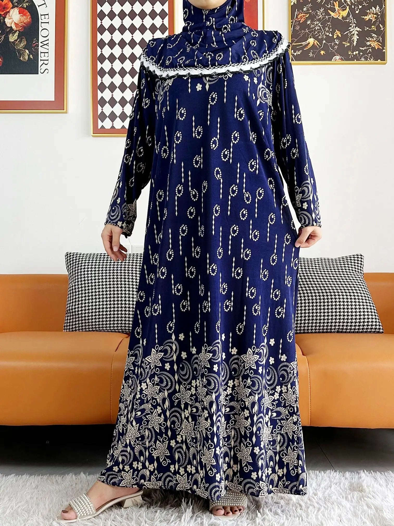 2023 Muslim Solid Cotton Abaya For Women Ramadan Prayer Garment Joint Hat Dubai Turkey Middle East Femme Robe Floral Loose Dress.