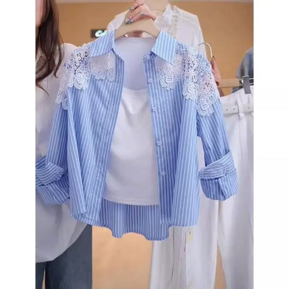 Lace Hook Splicing Polo Neck Striped Women Shirt Spring New Loose Jacket Top.