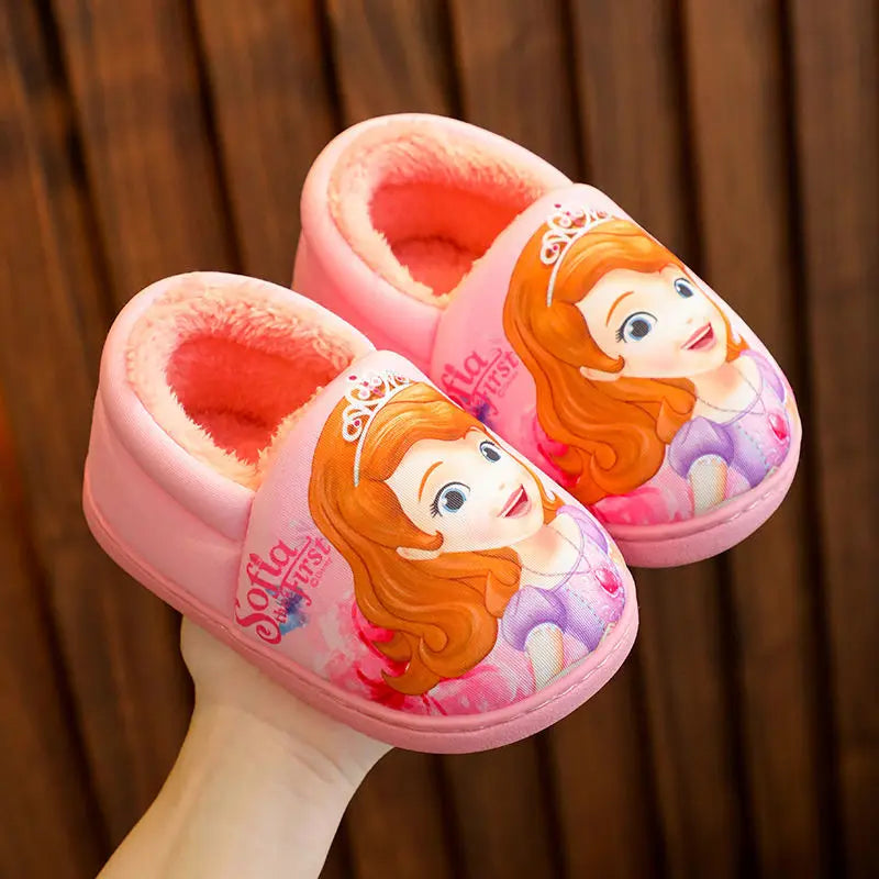 Disney Princess Elsa Winter Children's Heel Cotton Slippers Girls' Warm Frozen Kids' Cotton Black Purple Flats Shoes Size 24-40.
