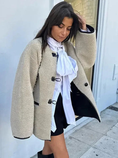 ZBZA Women's Faux Wool Jacket Loose Retro O-neck Single Breasted Long Sleeve Double Pocket Casual Overcoat Fall Winter Chic Coat.