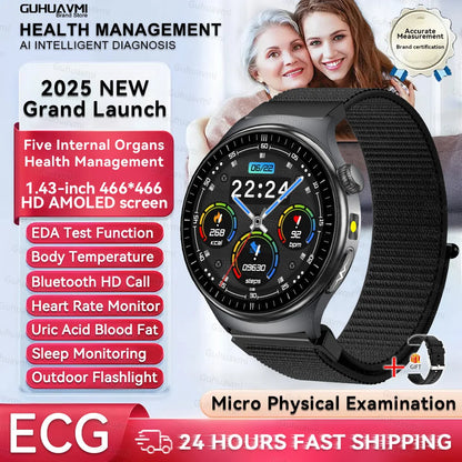 2026 New Smart Watch Men ECG+PPG Blood Lipids Uric Acid Blood Pressure Bluetooth Call 1.43'' Sapphire Smartwatch Remote Nursing
