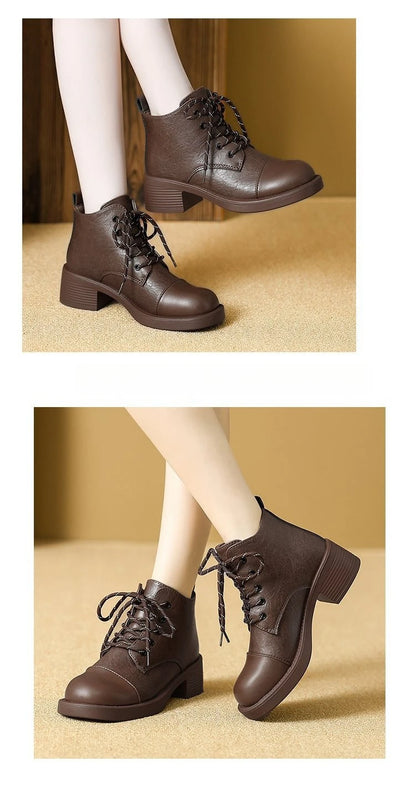 Women Short Boots 2025 Autumn Winter New Fashion Lace Up Vintage Middle Heel Shoes Outdoor Non Slip Height Increase Ankle Boots.