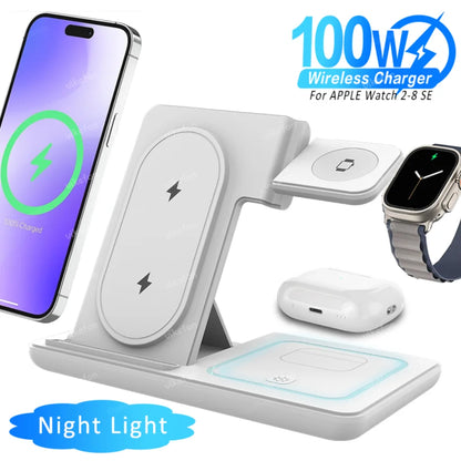 100W 3 in 1 Night Light Wireless Charger Stand For iPhone 16 15 14 Apple Watch 2-8 SE Airpods Pro Fast Charging Foldable Holder.