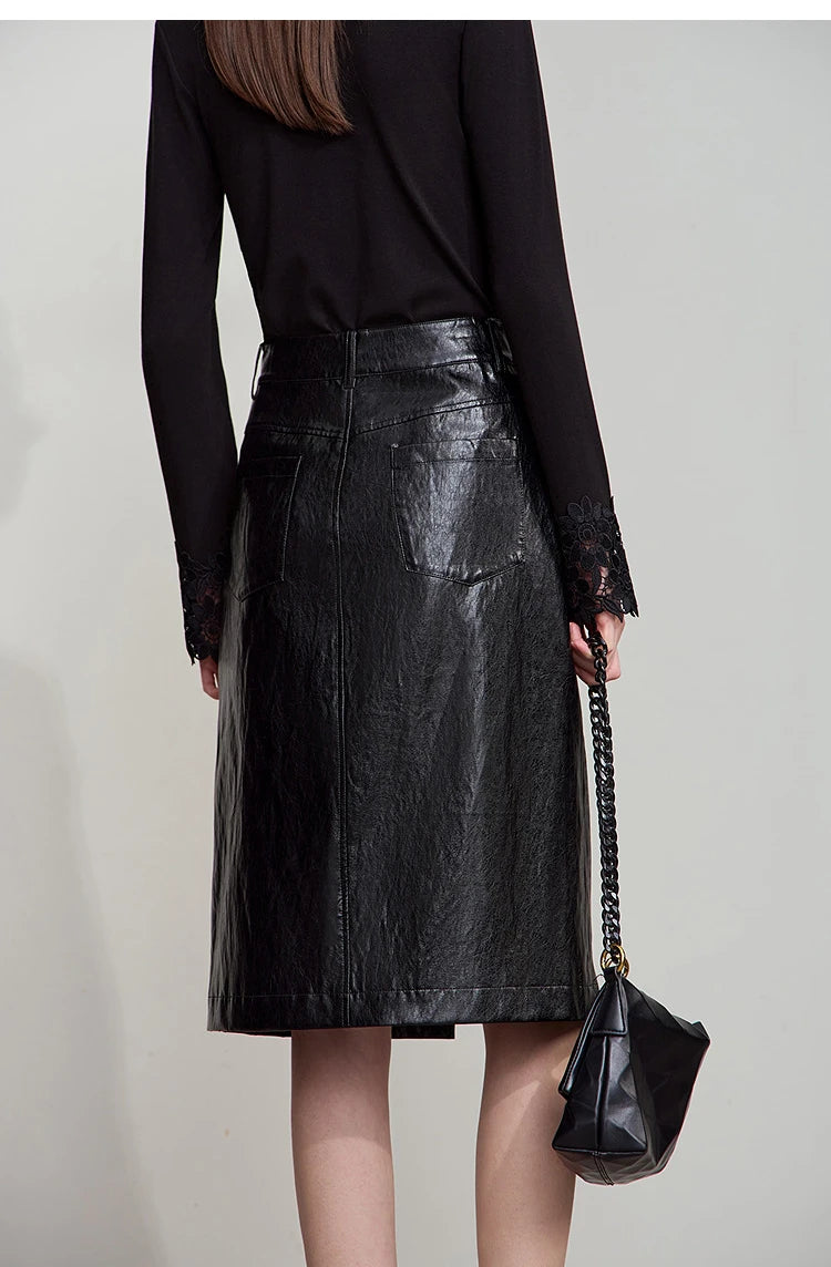 AMII Minimalist PU Leather Skirt For Women 2025 American Retro Knee-Length Skirt Solid Basics Business Women's Clothing 12553014.