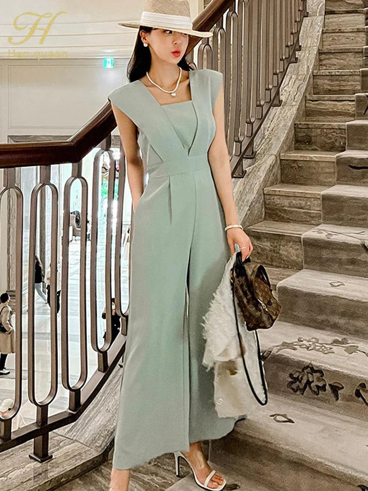 H Han Queen Summer Elegant Business Jumpsuits Women Simple Wide Leg Long Playsuits Korean Sleeveless Casual Rompers Office Lady.