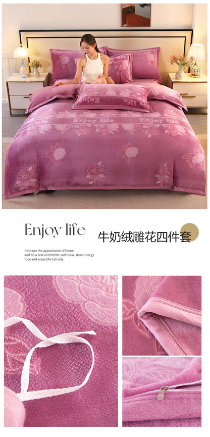 2025 new light luxury high gram weight carved fleece milk fleece bed sheet four-piece set thickened warm bedding winter