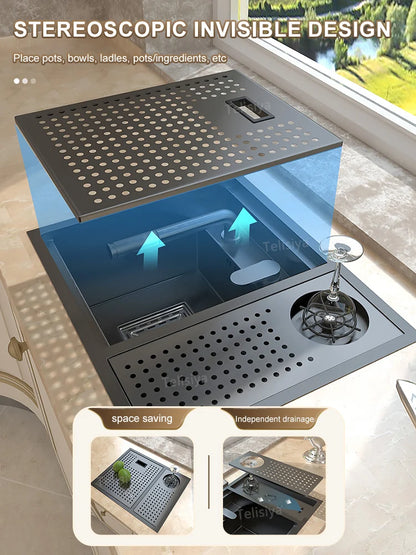 Versteckte Waschbecken aus Edelstahl, Küchenspüle, Bar, kleiner Einzelschlitz mit Deckel, Waschbecken, Balkon, Garten, Wohnmobil