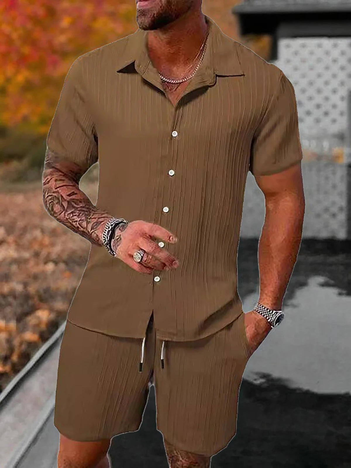 Lazy Street Style Vertical Stripe Slimming Shirt Shorts Two-piece Set No Need To Pair With Autumn Men's Thin Knit Sports Suit