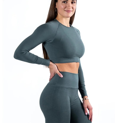 Plus Size Seamless High-Waisted Yoga Suit Long Sleeve Quick Dry Fitness Apparel Women's Promoting Legs Slimming Sportswear.