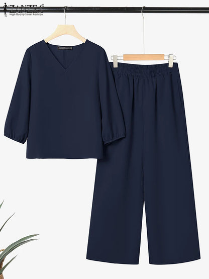 ZANZEA Autumn 2 Piece Sets Women Pant Sets Casual V Neck Long Sleeve Tops Pant Suit Elegant Solid Work Tracksuit Oversize 2025.